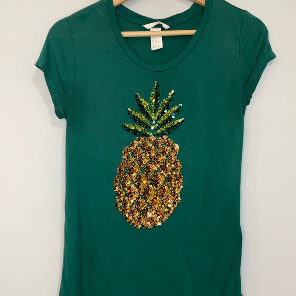 H&M Hunter Green & Gold Sequin Pineapple T-Shirt